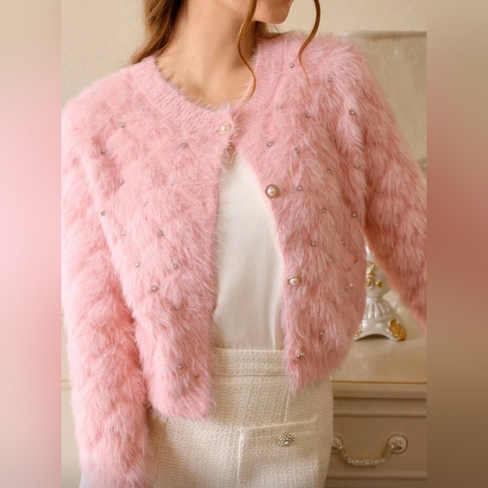 New Glam Rhinestone Faux Pearl Embellished Fluffy Knit Cardigan Sweater Pink